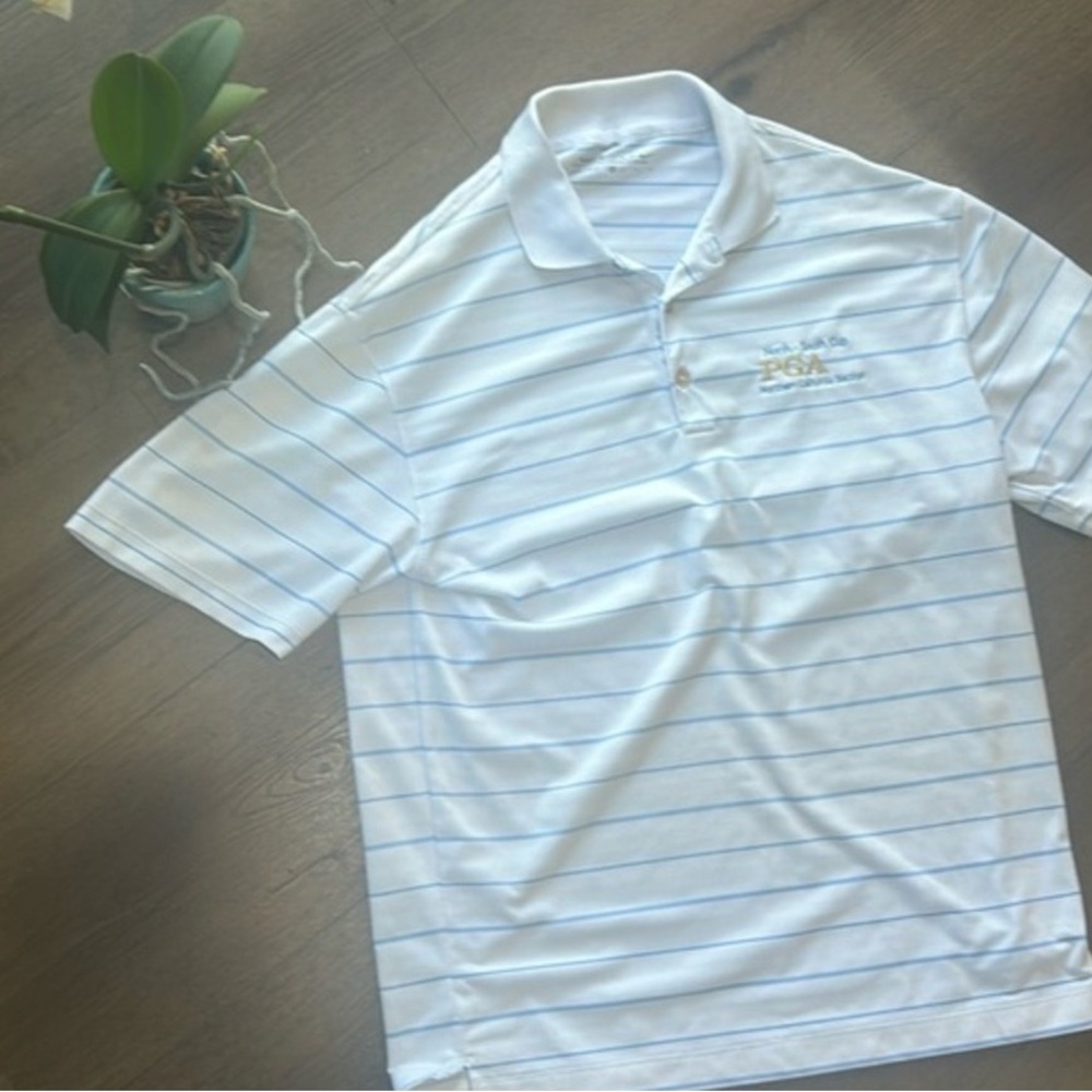 Men's White Polo Shirt with Light Blue Stripes